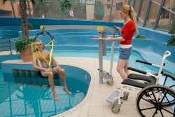 Wheelchair-to-Water™ Pool Lift ; Bathing sling with head support ; Classic spreader bar - SureHands Patient lift hoist